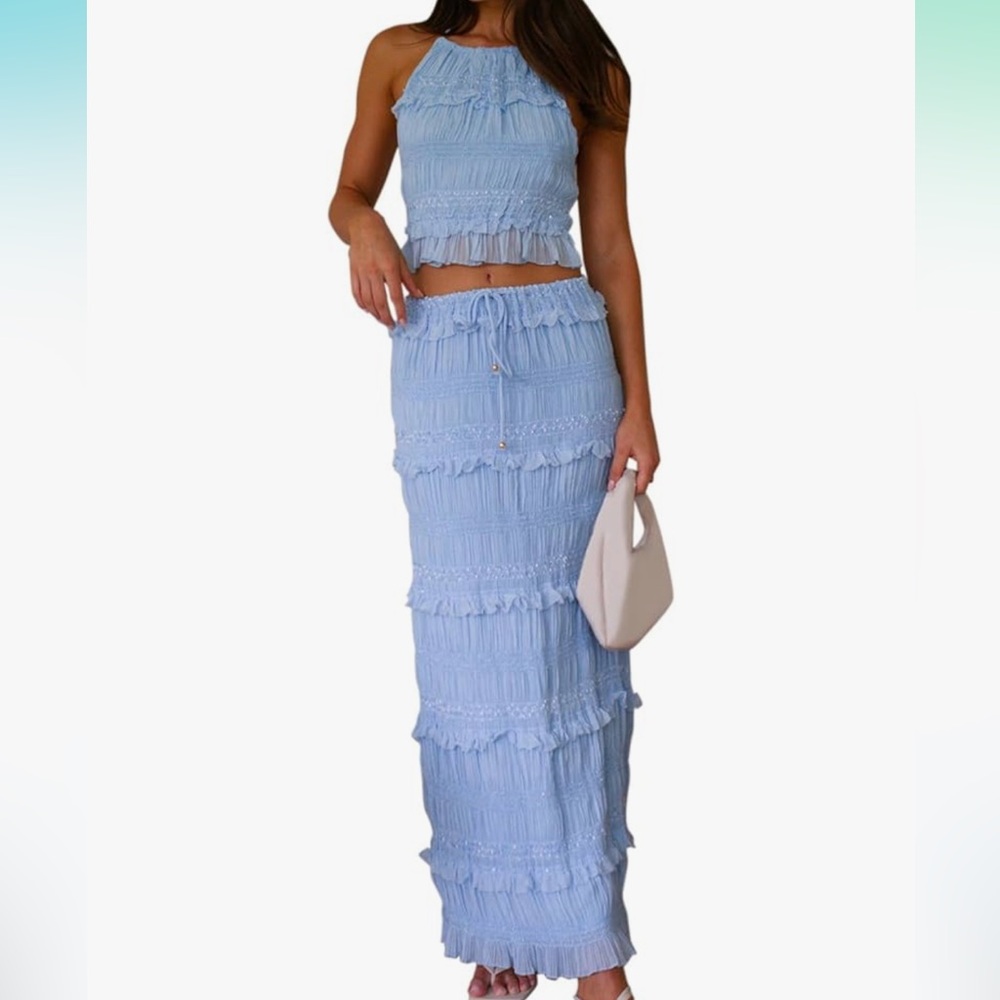 Y2k Maxi Skirt Set Backless Lace Halter Crop Top and Long Skirt Set 2 PCS Outfit